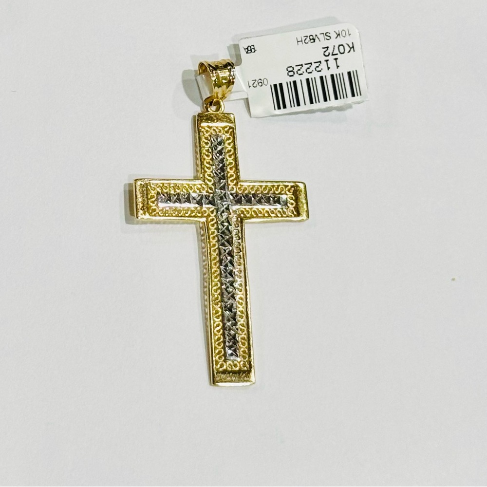 10k Solid Gold two tone Diamond cut Custom Made Cross pendant, Elegant Delicate - Picture 1 of 4